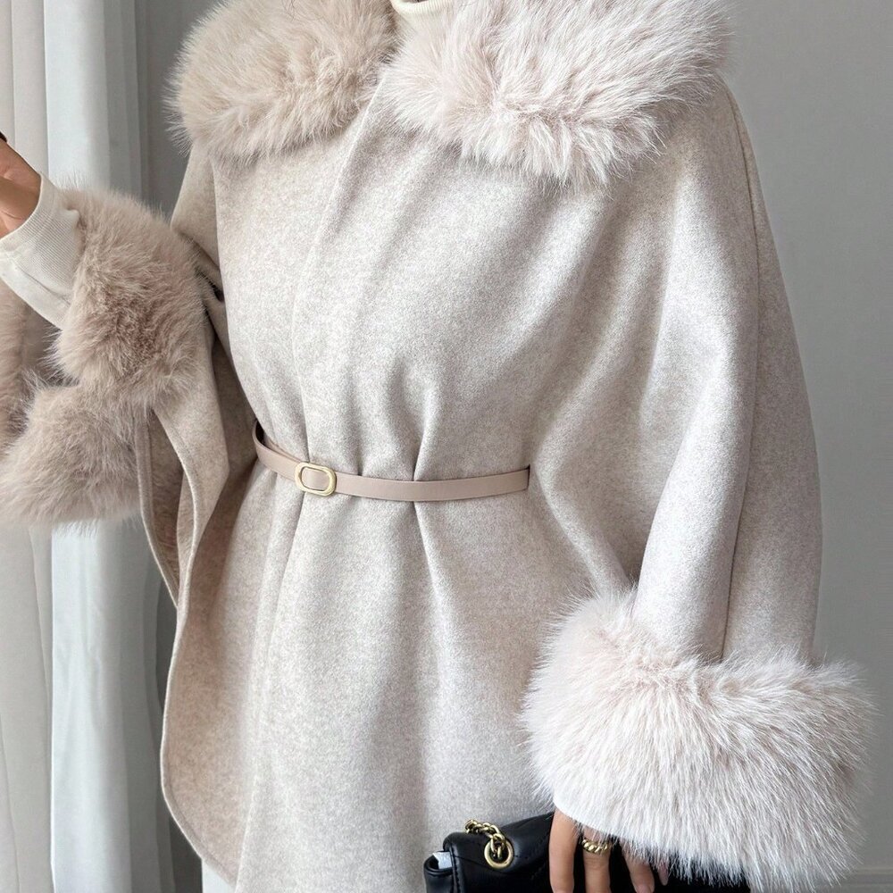 Apricot Elegant Women's Waist Cape with Faux Fur Collar - Picture 7 of 8